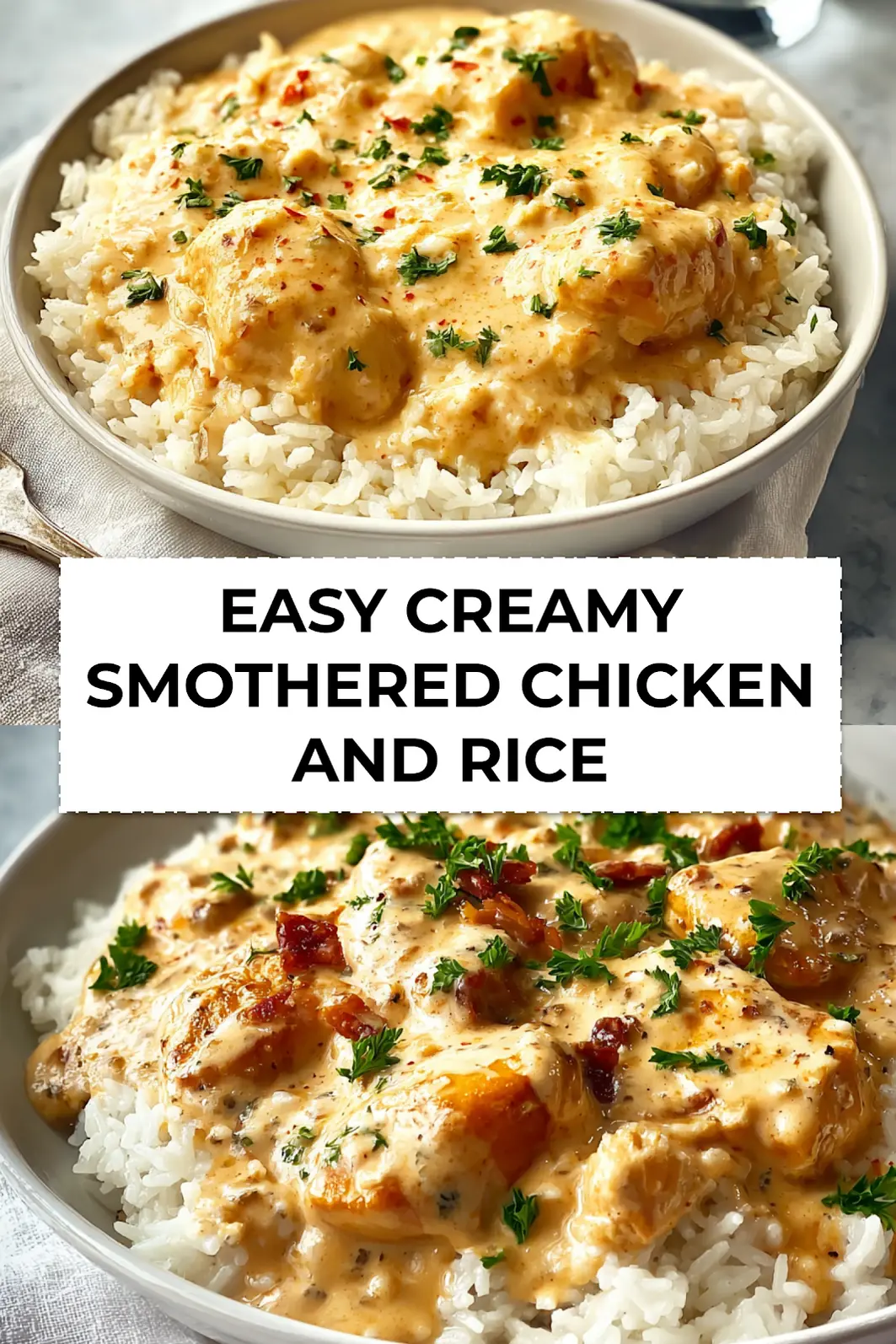 Finished easy creamy smothered chicken and rice served in a white dish with fresh parsley garnish and a fork ready to enjoy