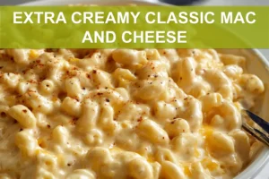 EXTRA CREAMY CLASSIC MAC AND CHEESE close up creamy macaroni with melted cheddar and Monterey Jack