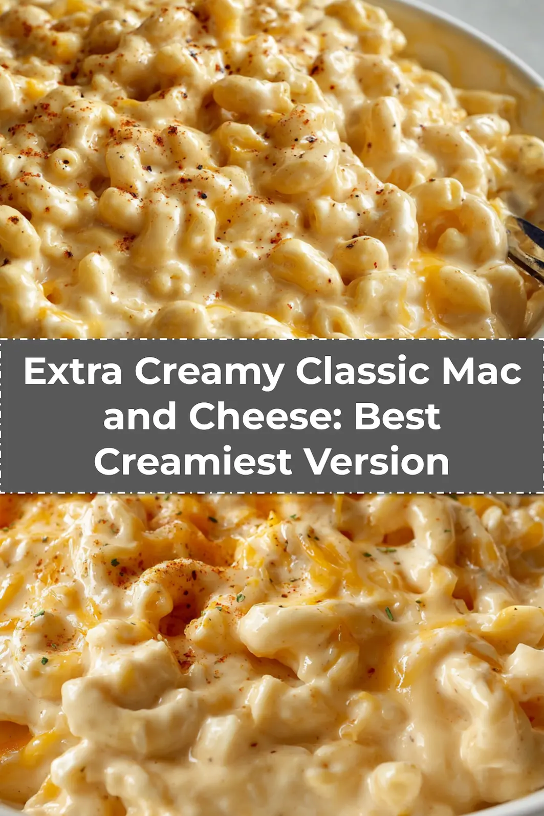 Creamy baked mac and cheese in a white dish with golden topped cheddar and melty Monterey Jack