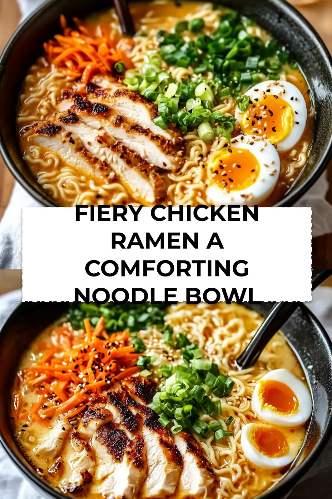 Creamy ramen noodle bowl with spicy chicken, soft-boiled egg, and nori  Fiery Chicken Ramen