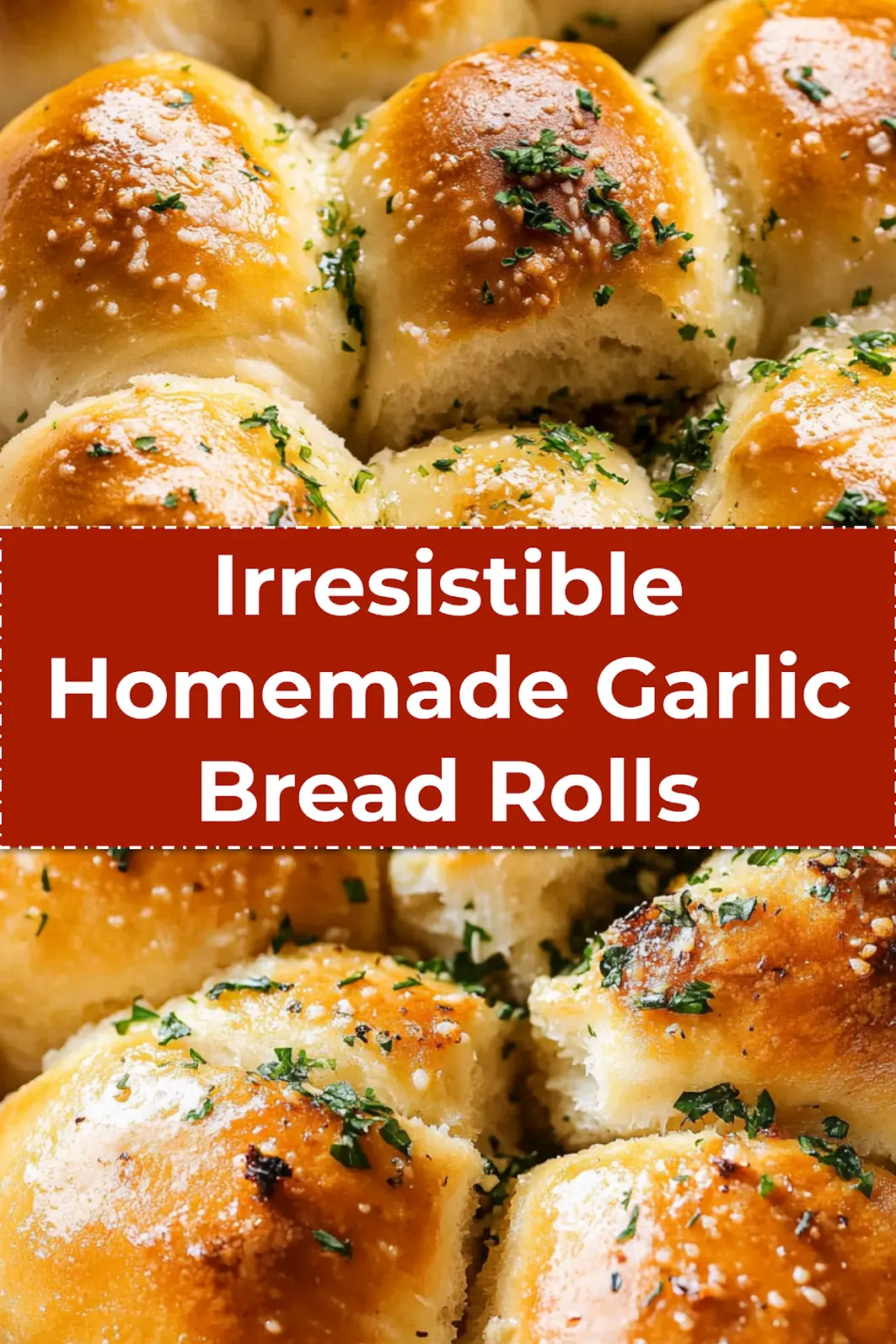 Garlic bread rolls close-up image for Pinterest with buttery golden tops and parsley garnish