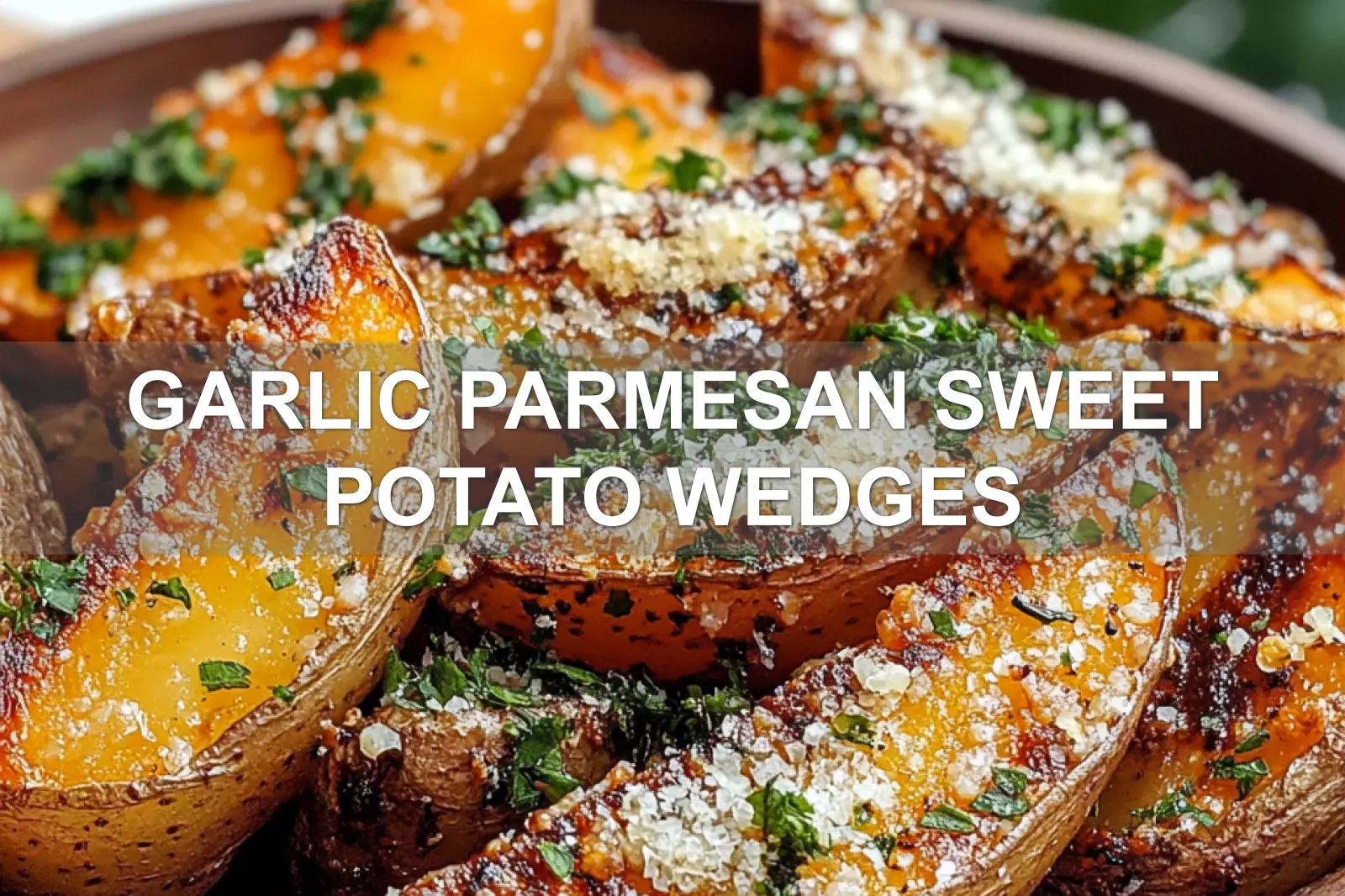 GARLIC PARMESAN SWEET POTATO WEDGES centered hero view, clean and uncluttered