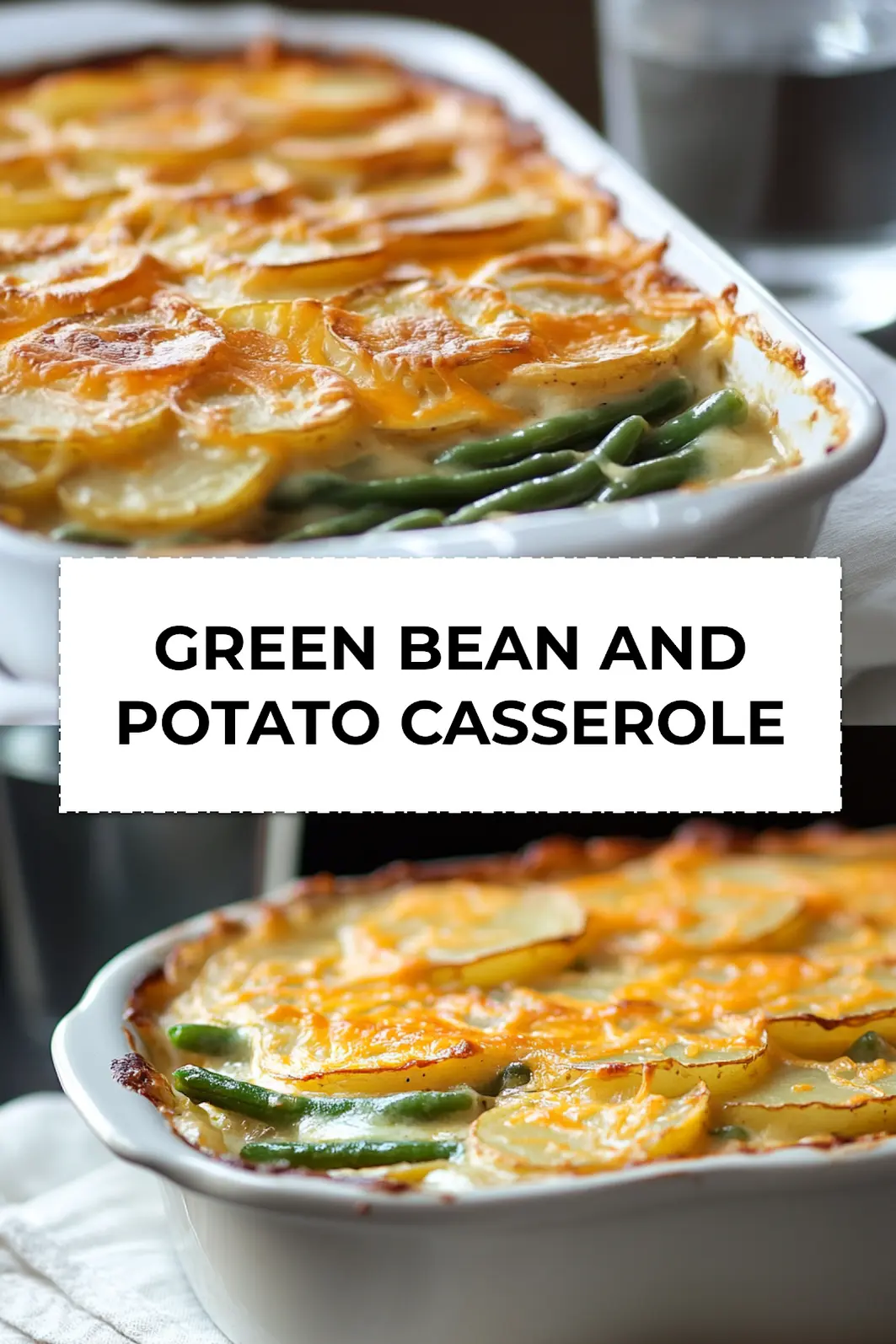 Finished green bean and potato casserole in baking dish with golden cheese and crispy topping ready to serve