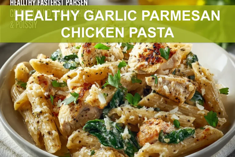 HEALTHY GARLIC PARMESAN CHICKEN PASTA close up plated whole wheat penne with chicken and spinach
