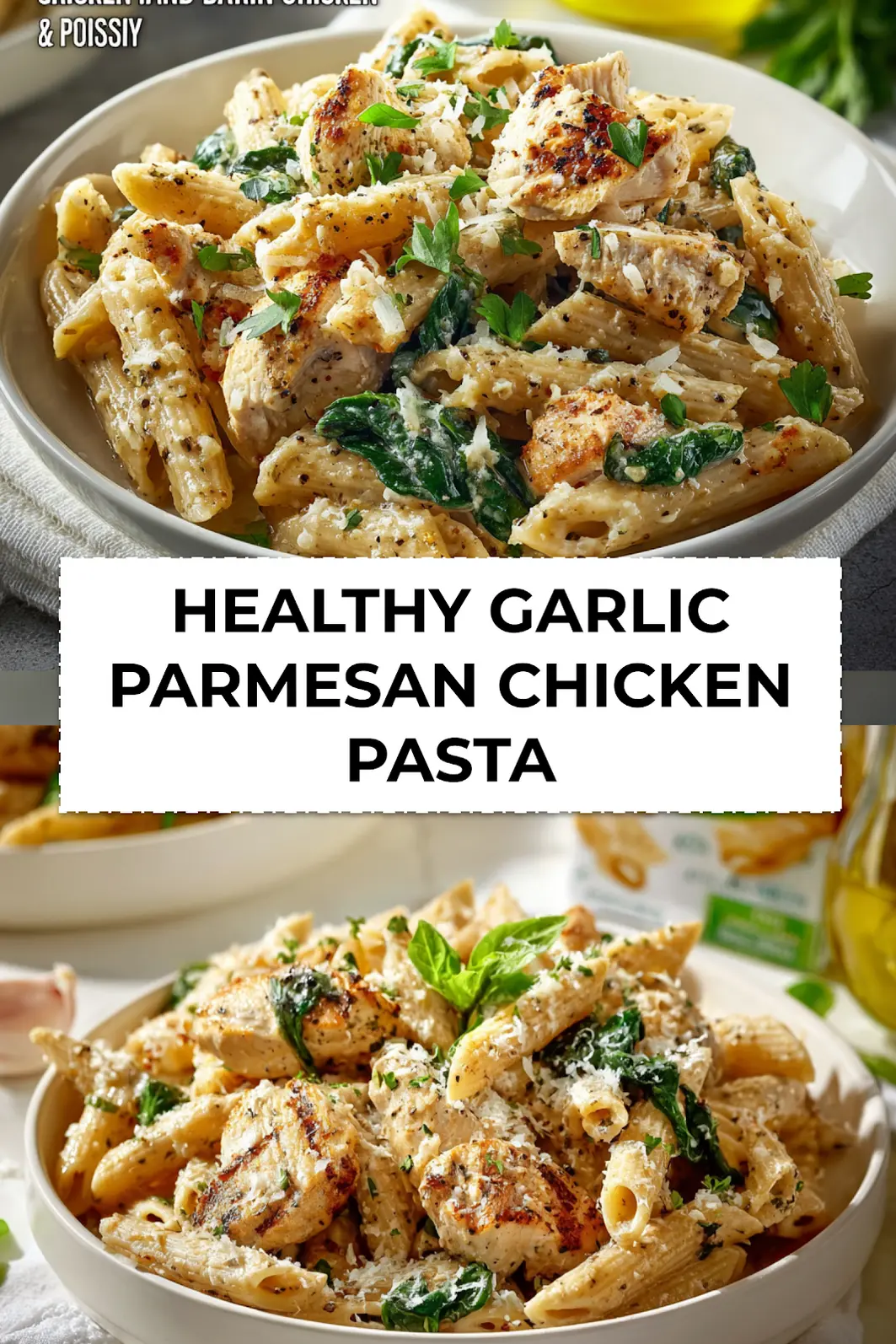 Plated healthy garlic parmesan chicken pasta featuring whole wheat penne, spinach, and shredded Parmesan