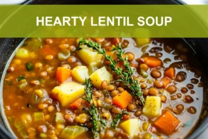 HEARTY LENTIL SOUP centered hero view, clean and uncluttered