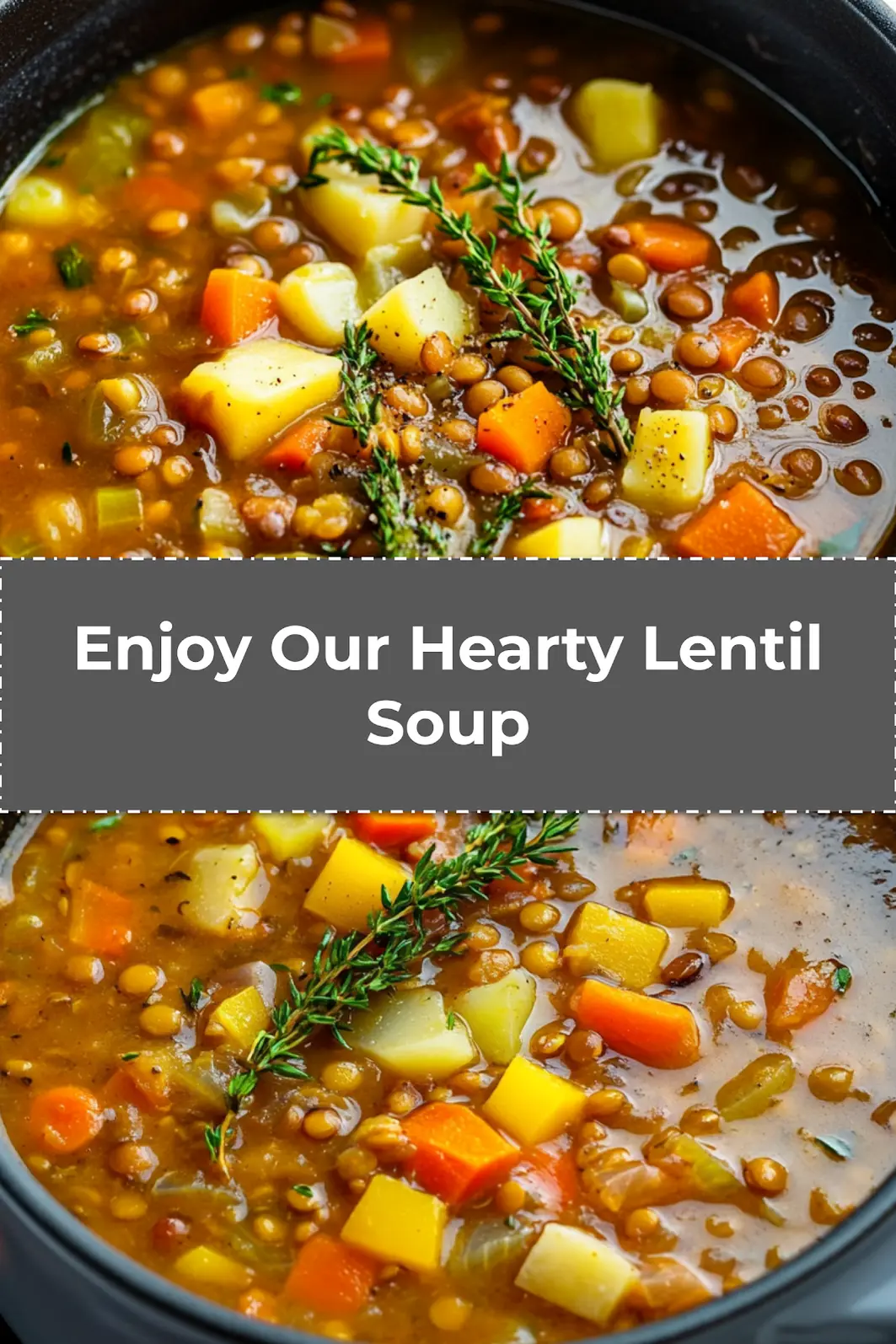 Serving bowl of hearty lentil soup with spoon, ideal for Pinterest sharing