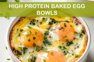 HIGH PROTEIN BAKED EGG BOWLS centered hero view, clean and uncluttered