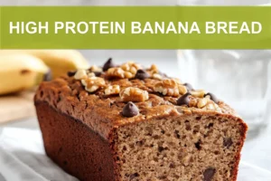 HIGH PROTEIN BANANA BREAD hero loaf on white cloth warm natural light shallow depth