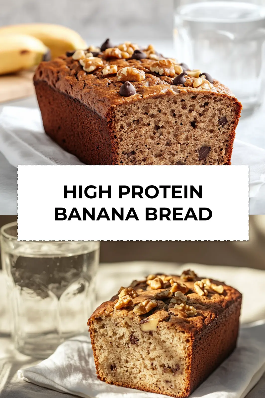 Sliced loaf of HIGH PROTEIN BANANA BREAD displayed on cutting board with linen and natural light