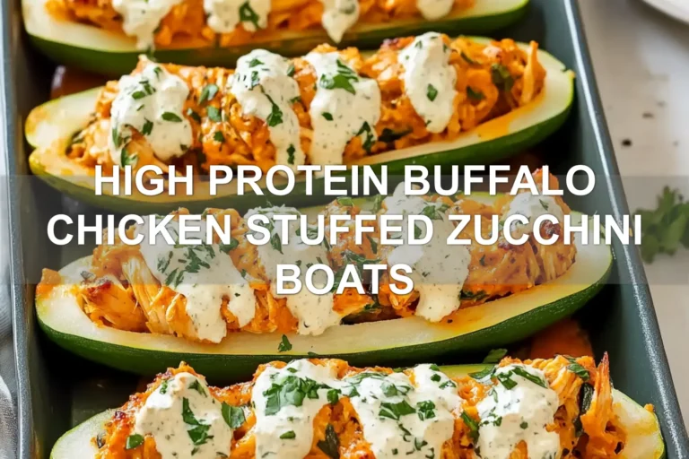 HIGH PROTEIN BUFFALO CHICKEN STUFFED ZUCCHINI BOATS centered hero view, clean and uncluttered