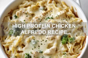 HIGH PROTEIN CHICKEN ALFREDO RECIPE centered hero view, clean and uncluttered