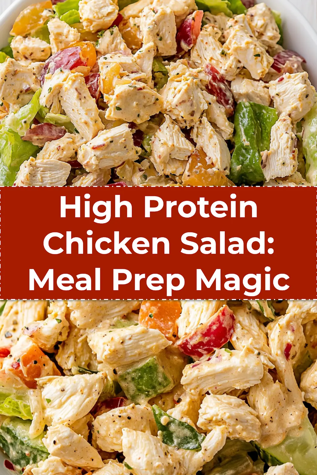 Creamy high protein chicken salad garnished with herbs, ready for potluck or meal prep