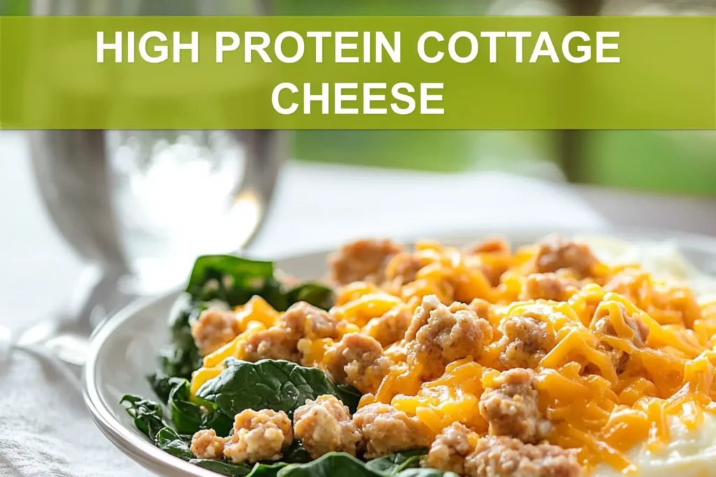 HIGH PROTEIN COTTAGE CHEESE breakfast with eggs turkey sausage spinach and melted cheese