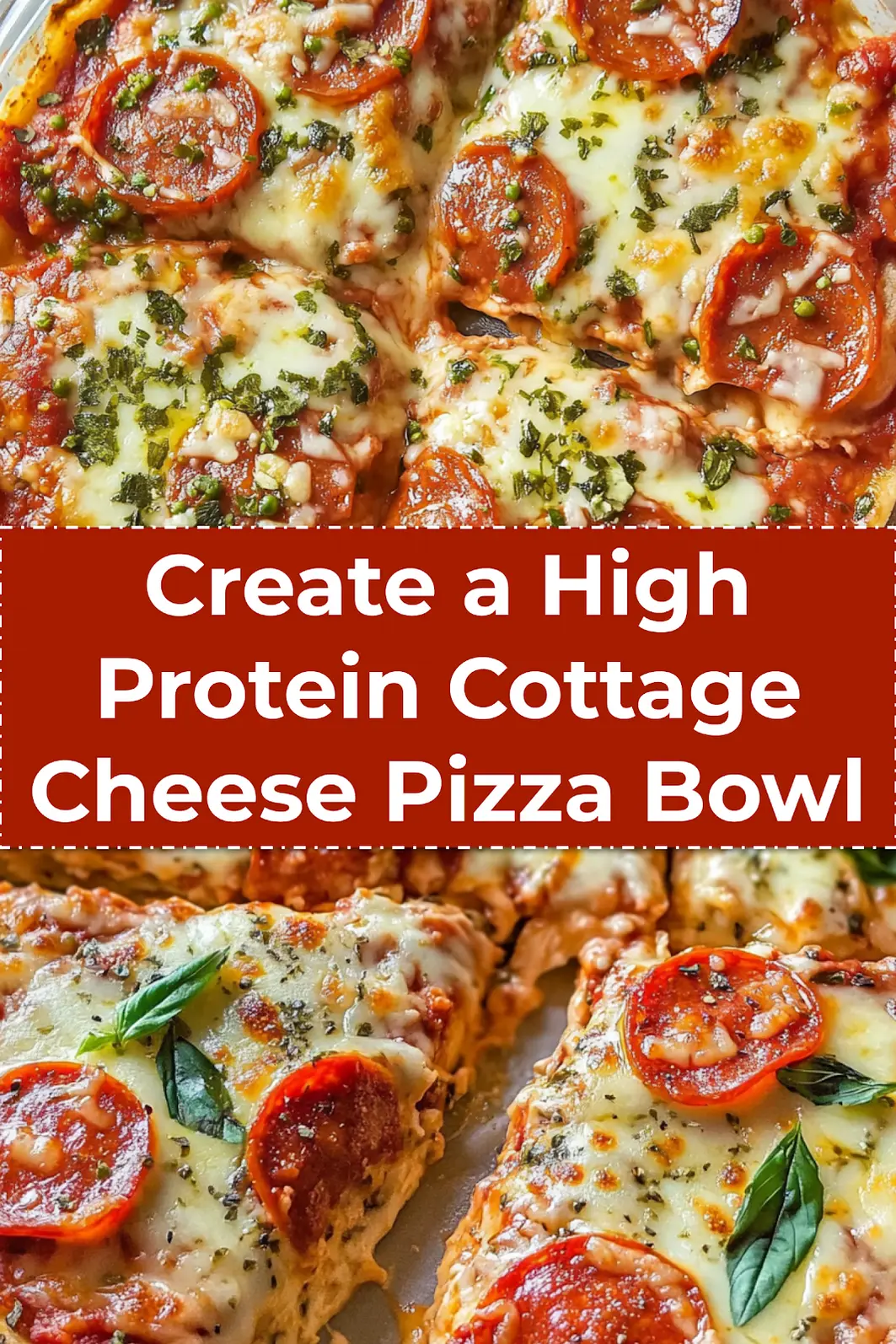 High Protein Cottage Cheese Pizza Bowl in microwave-safe bowl topped with turkey pepperoni and bubbling cheese–pinterest version