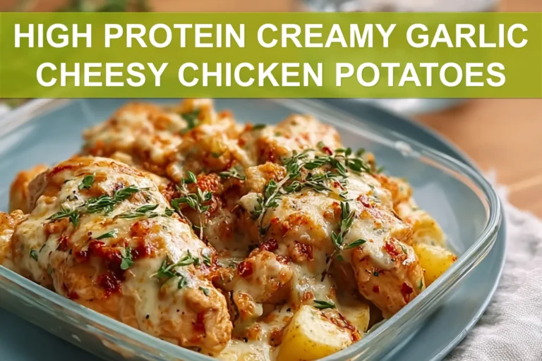 HIGH PROTEIN CREAMY GARLIC CHEESY CHICKEN POTATOES close up plated creamy garlic cheese chicken with potatoes