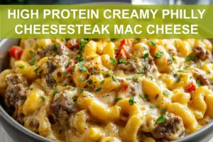 High-Protein Creamy Philly Cheesesteak Mac Cheese Recipe HIGH PROTEIN CREAMY PHILLY CHEESESTEAK MAC CHEESE centered hero view, clean and uncluttered