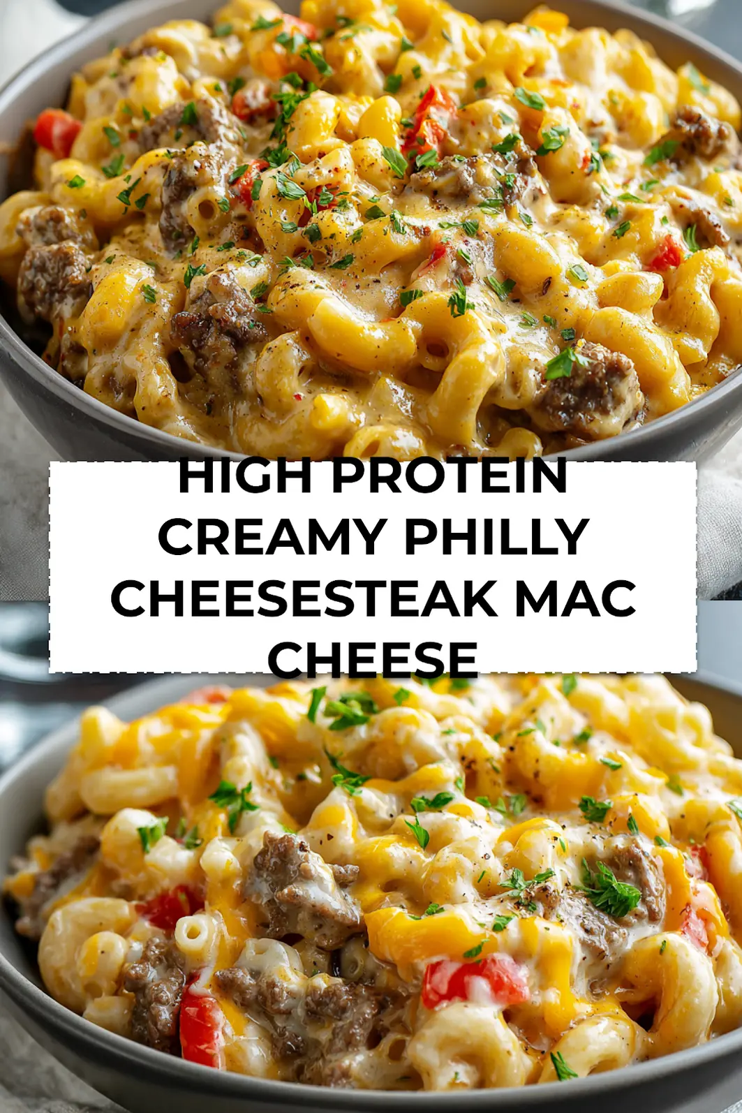 Plated High Protein Creamy Philly Cheesesteak Mac Cheese garnished with parsley on wood table with fork