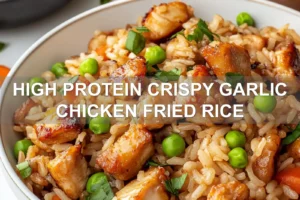 HIGH PROTEIN CRISPY GARLIC CHICKEN FRIED RICE centered hero view, clean and uncluttered