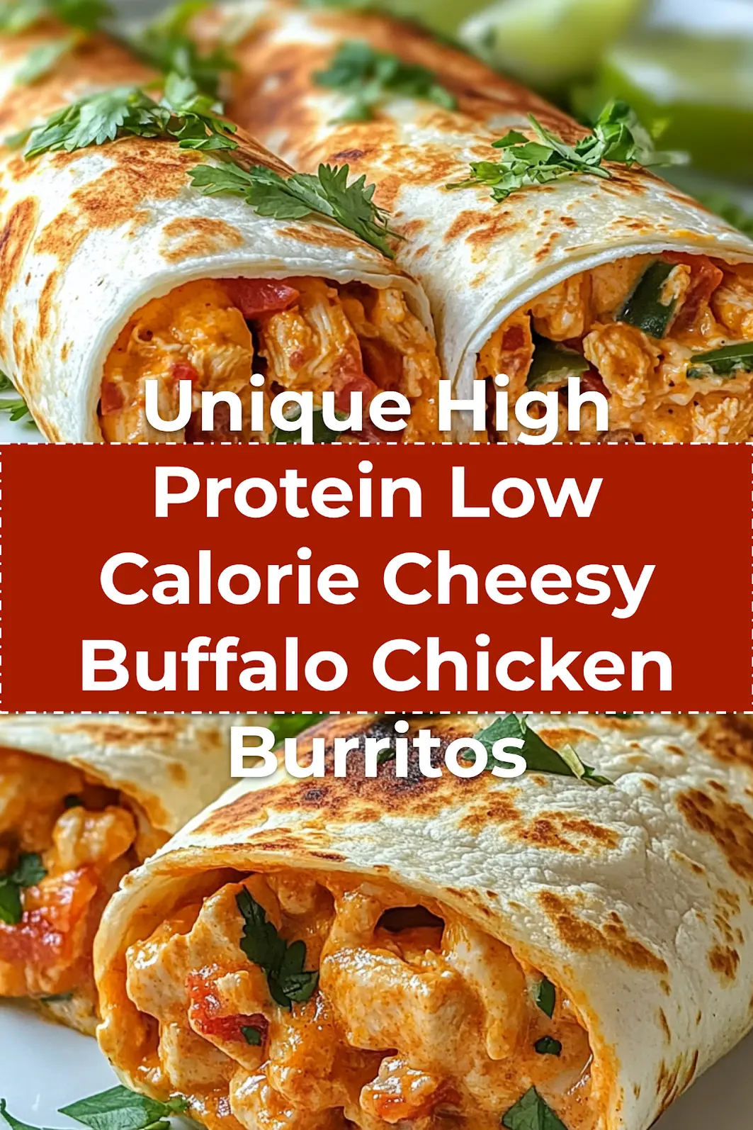 Finished high protein low calorie cheesy buffalo chicken burritos with crispy tortilla and creamy buffalo filling