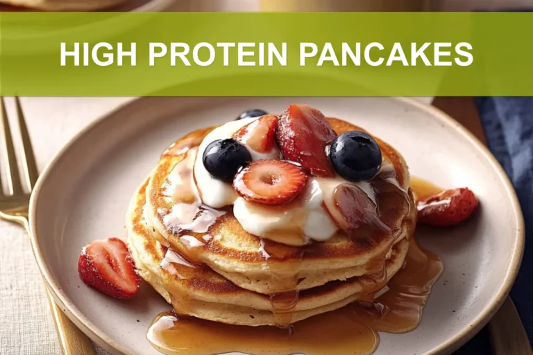 HIGH PROTEIN PANCAKES centered hero view, clean and uncluttered