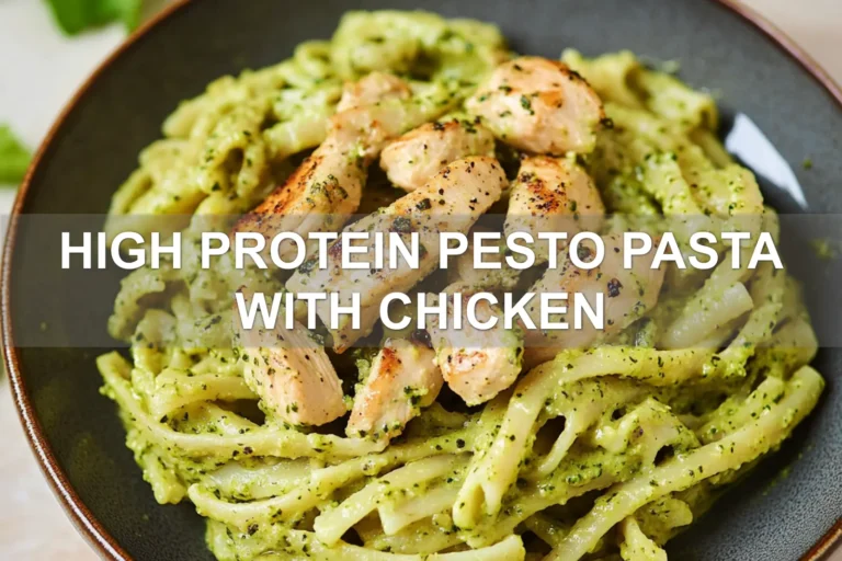 HIGH PROTEIN PESTO PASTA WITH CHICKEN centered hero view, clean and uncluttered