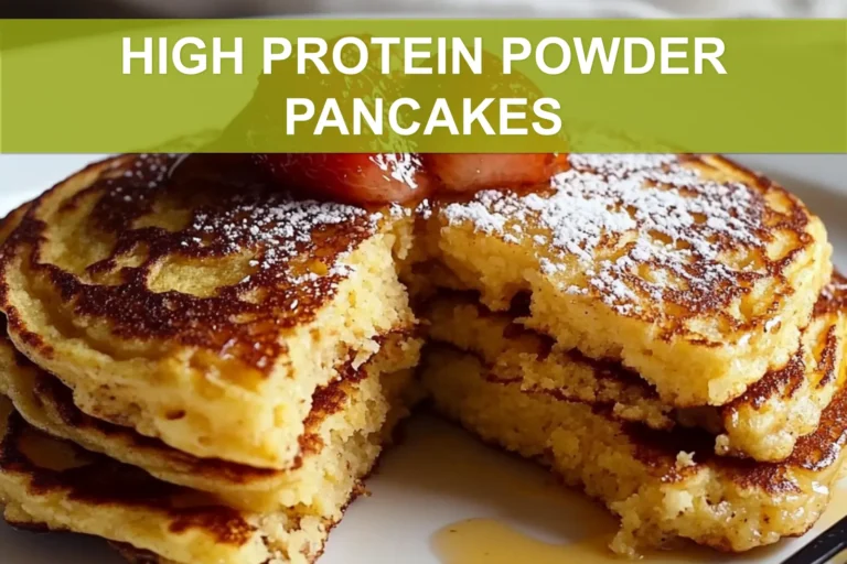 HIGH PROTEIN POWDER PANCAKES centered hero view, clean and uncluttered