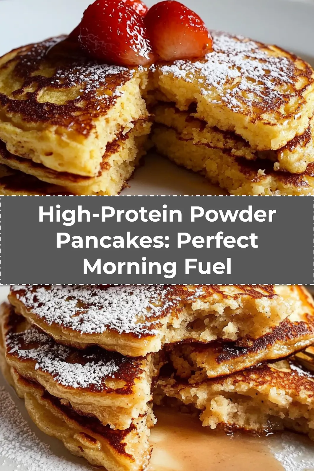 High-Protein Powder Pancakes: Delicious and Easy Recipe 3 Stack of High-Protein Powder Pancakes topped with fruit and nut butter on a white plate