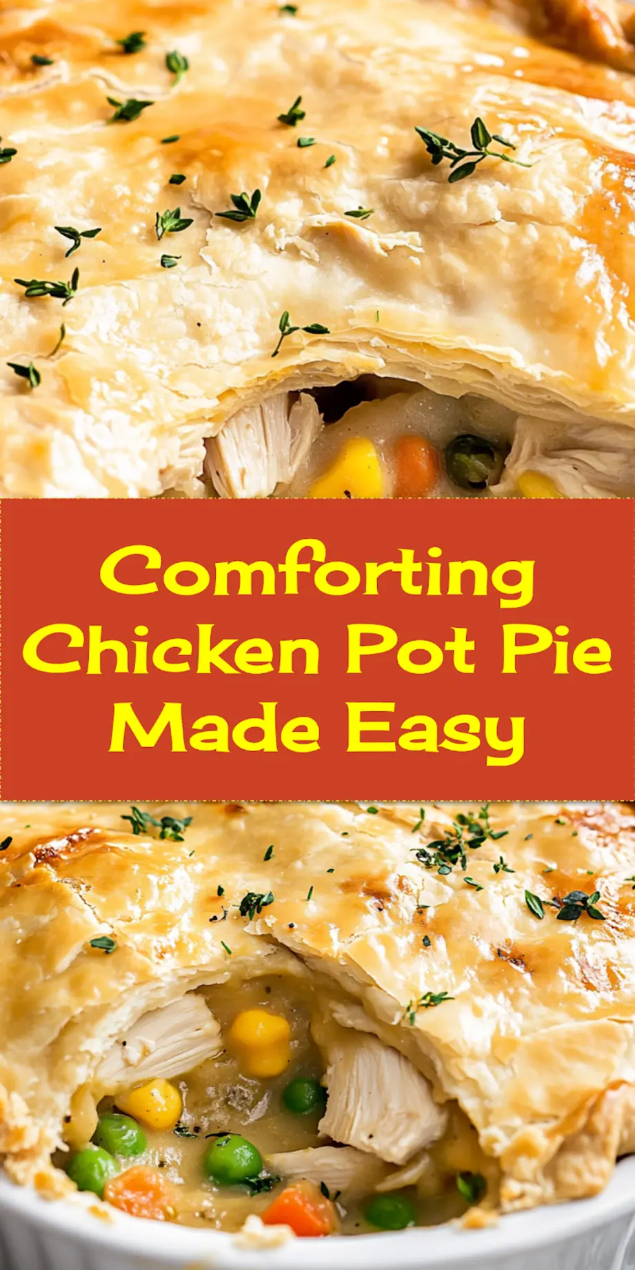 Homemade easy chicken pot pie freshly baked with golden crust served with herbs on the side