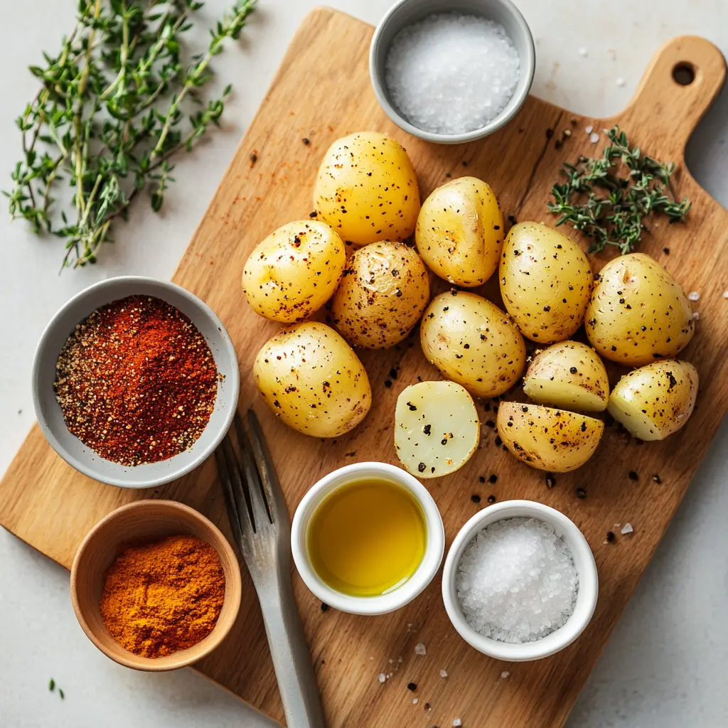 Air fryer crispy baby potatoes ingredients including halved baby potatoes, olive oil, and seasonings like paprika and garlic powder