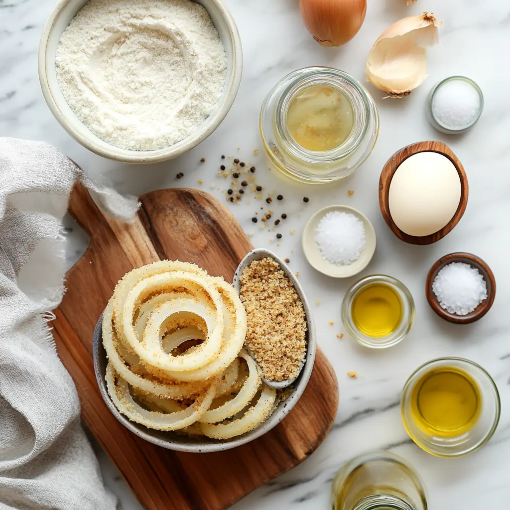 Ingredients for air fryer crispy onions - sliced yellow onions, panko breadcrumbs, flour, and spices on a wooden board