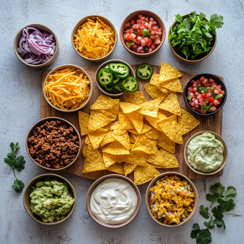 Air Fryer Nachos: Simple Delicious Fun Recipe 2 Ingredients laid out for Air Fryer Nachos - tortilla chips, shredded cheese, beans, and toppings