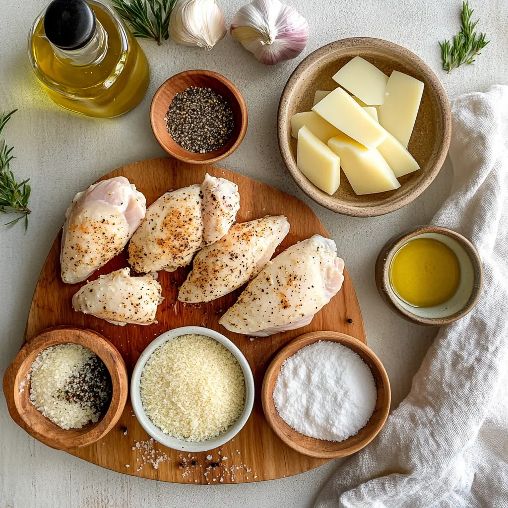 Overhead image of ingredients for air fryer Parmesan crusted chicken, including chicken breasts, grated Parmesan, panko, garlic, and herbs, laid out on kitchen counter