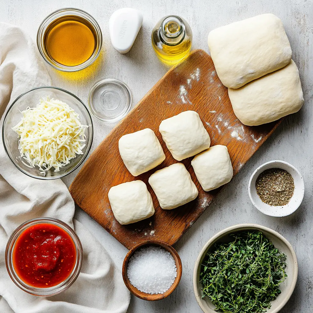 Ingredients for air fryer pizza rolls including pizza dough, mozzarella, pepperoni, and Italian seasoning on a white counter