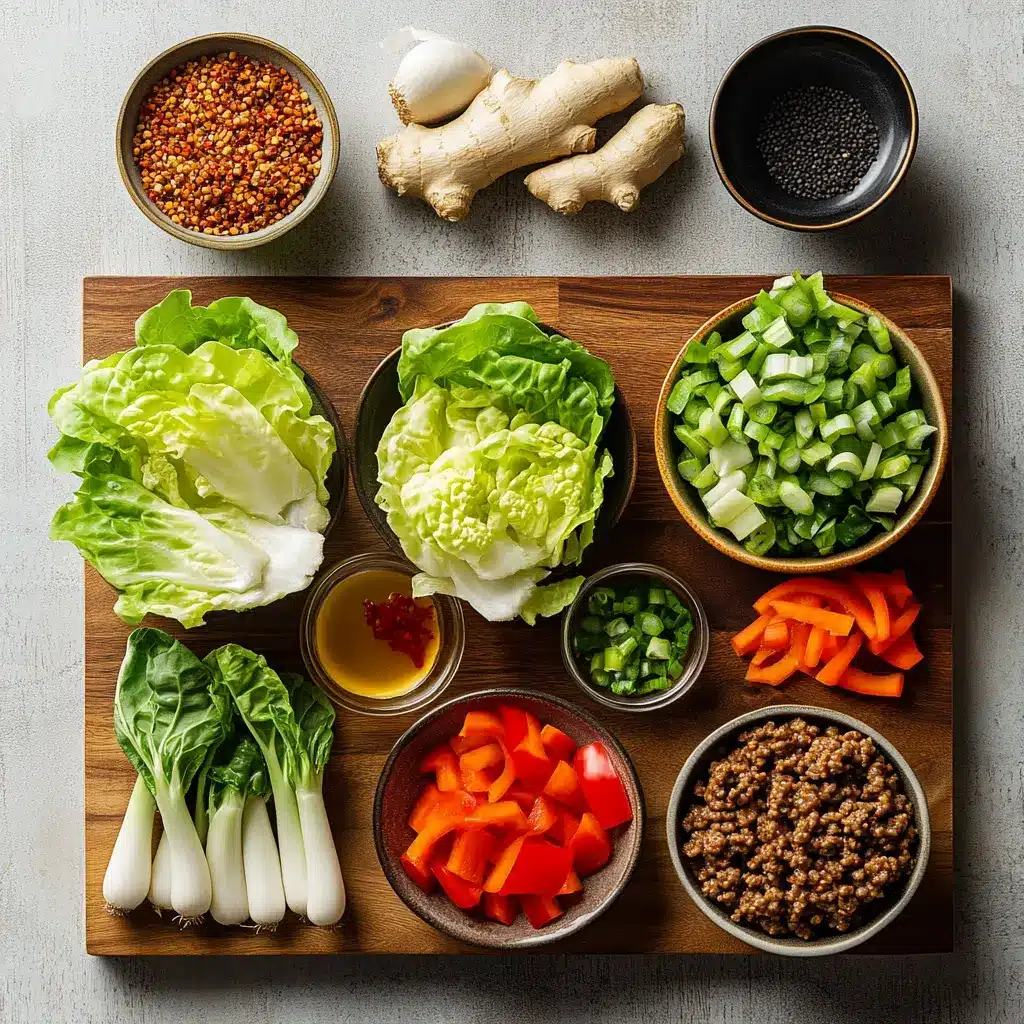 Ingredients for Asian-Inspired Ginger Beef Lettuce Wraps arranged on a clean surface
