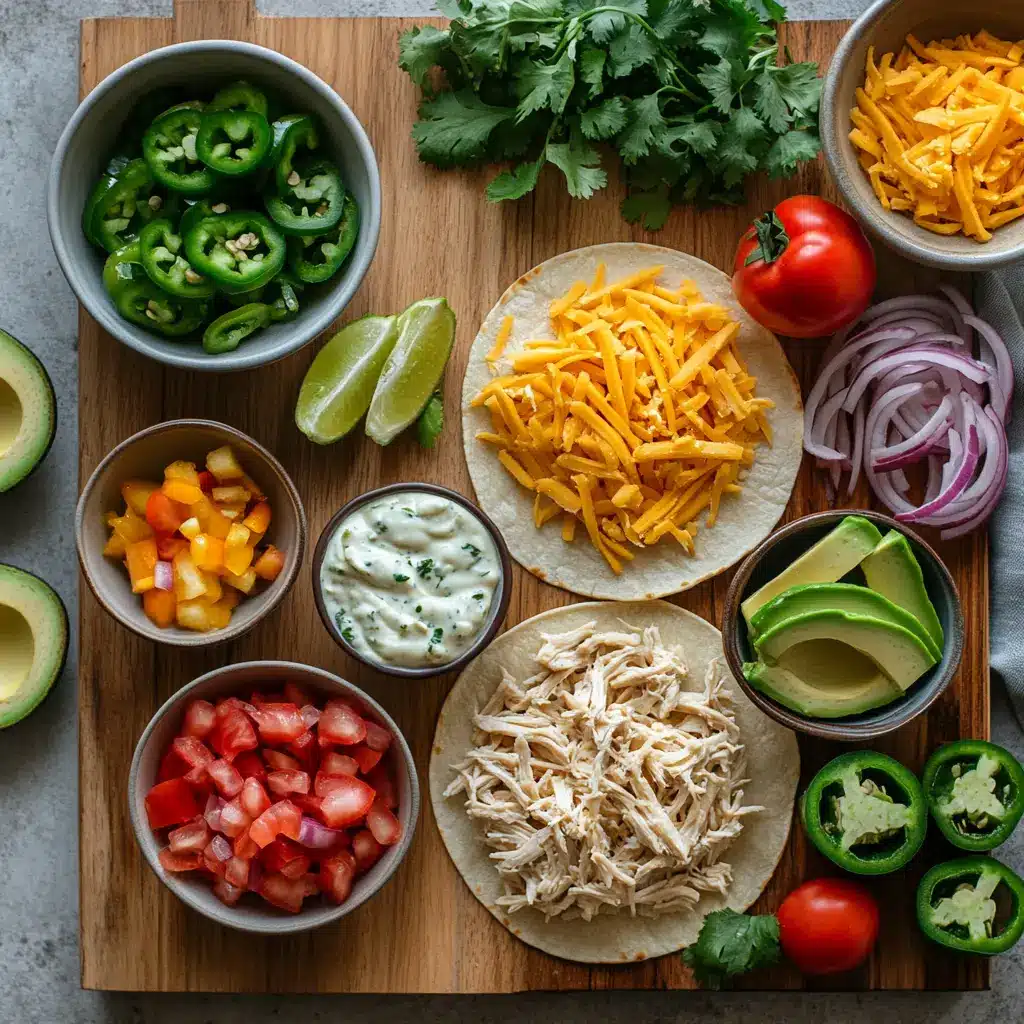Ingredients laid out for baked chicken tacos including seasoned shredded chicken, cheddar cheese, and corn tortillas
