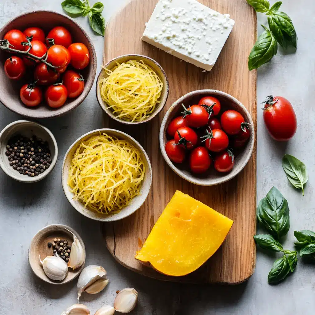 Ingredients for baked feta spaghetti squash including cherry tomatoes, garlic, red pepper, and squash