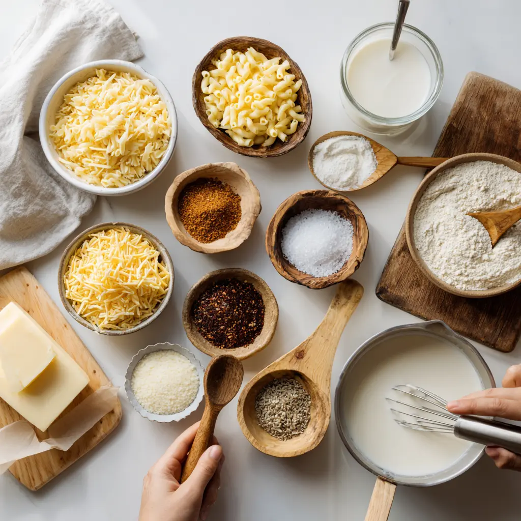 Baked Mac and Cheese Recipe Magic Comfort at Heart 2 Ingredients for baked mac and cheese recipe: elbow pasta, shredded cheddar, mozzarella, Parmesan, butter, flour, milk, panko
