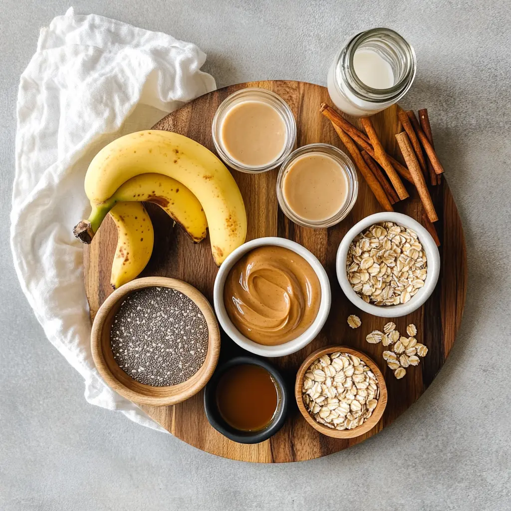 Banana Peanut Butter Overnight Oats: Easy Delicious Recipe 2 Banana peanut butter overnight oats ingredients laid out on a rustic wooden surface, featuring oats, banana, peanut butter, and chia seeds