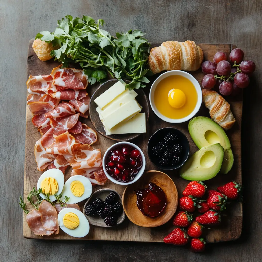 Ingredients for building a breakfast charcuterie board including croissants, fruits, eggs, and cheeses