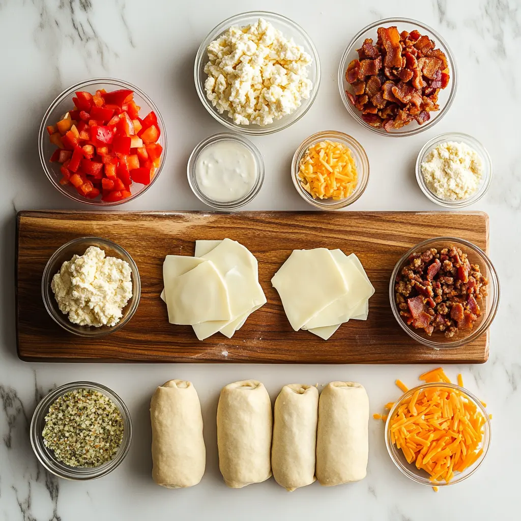 Ingredients laid out for homemade breakfast rolls recipe including eggs, sausage, cheese, and crescent dough