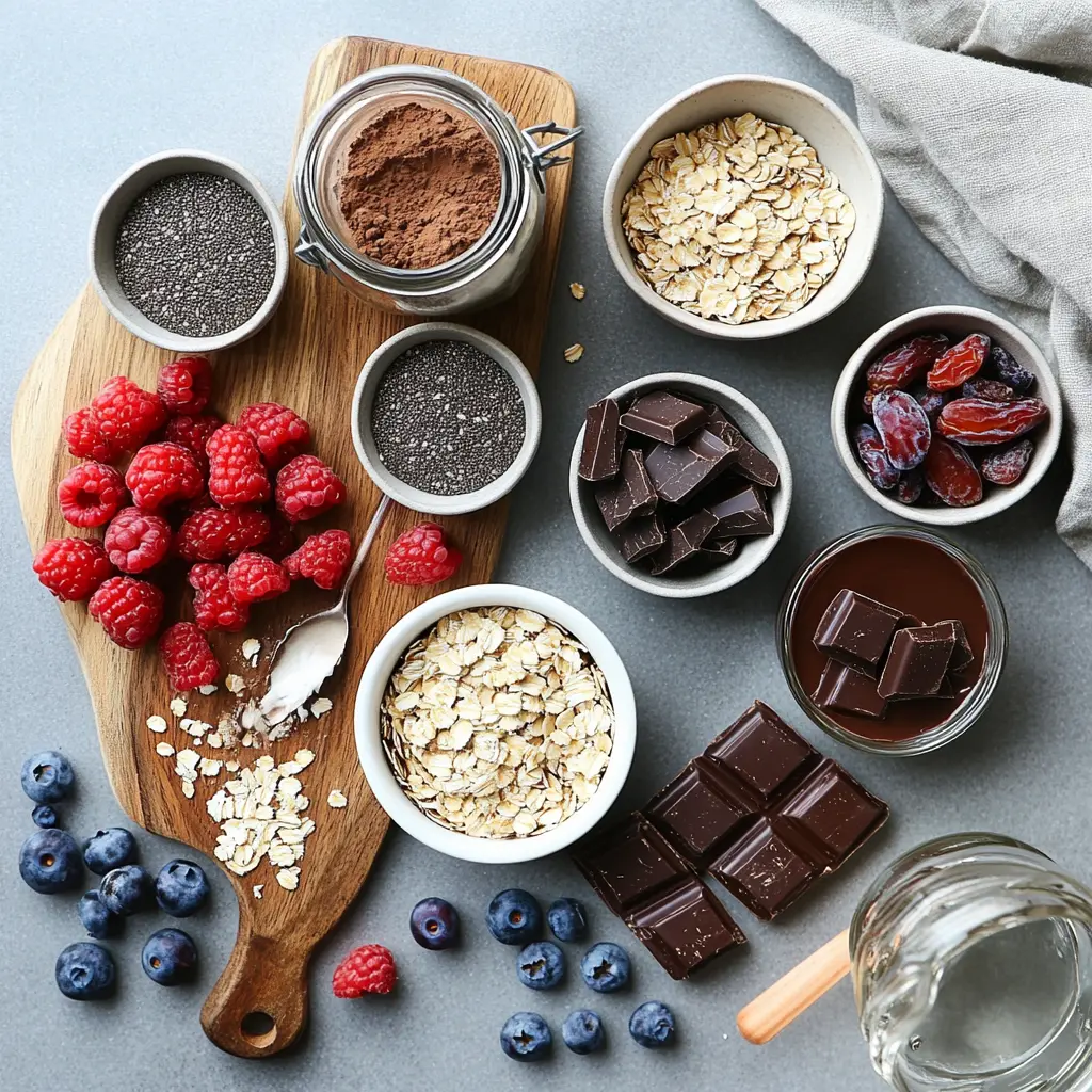 Ingredients for Brownie Batter Overnight Oats including oats, cocoa powder, chia seeds, almond milk, dates, and yogurt