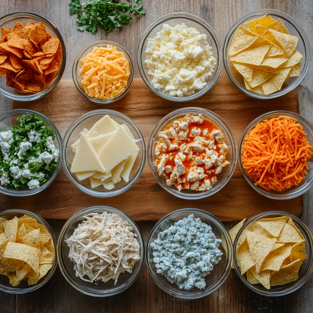 Ingredients needed for Buffalo Chicken Dip Oven Recipe including canned chicken, cream cheese, buffalo sauce, cheddar and mozzarella