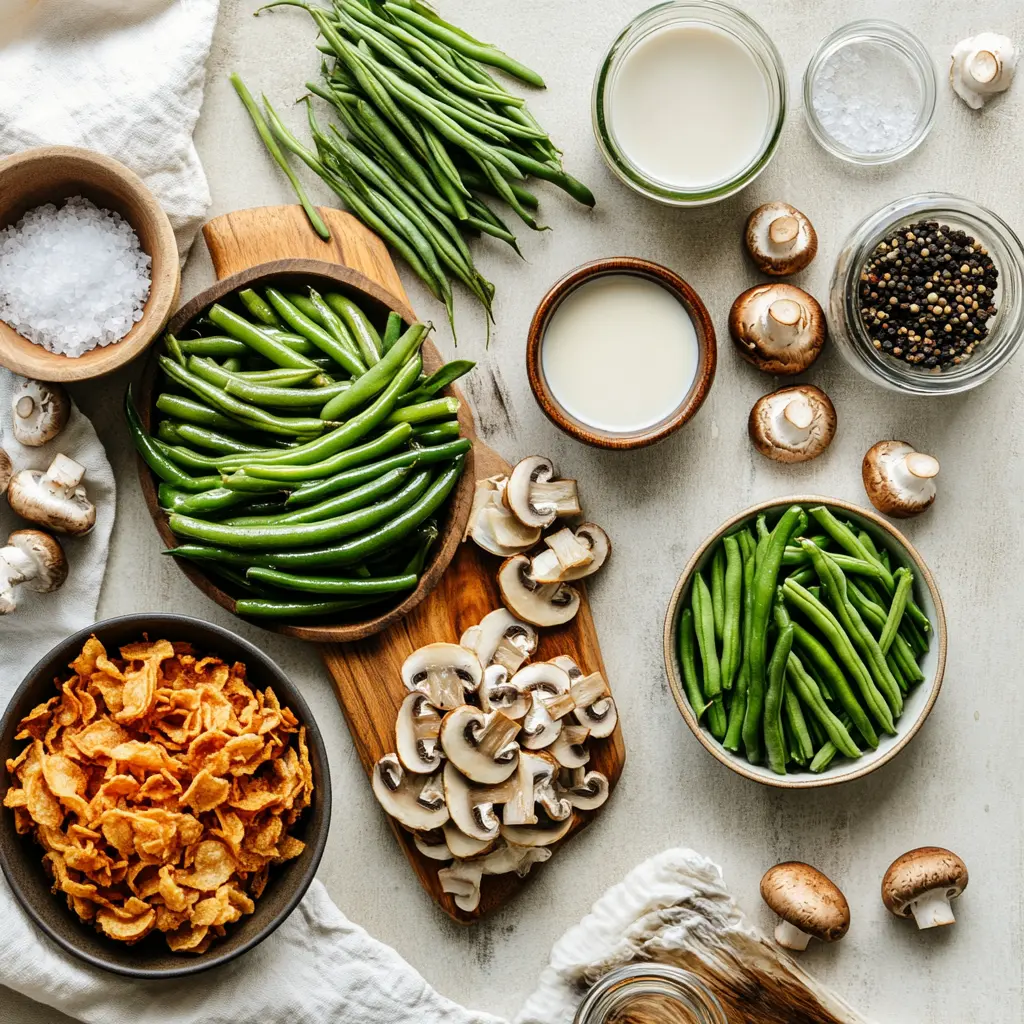 Ingredients for Campbells Green Bean Casserole including mushroom soup, green beans, milk, soy sauce, pepper, and crispy fried onions