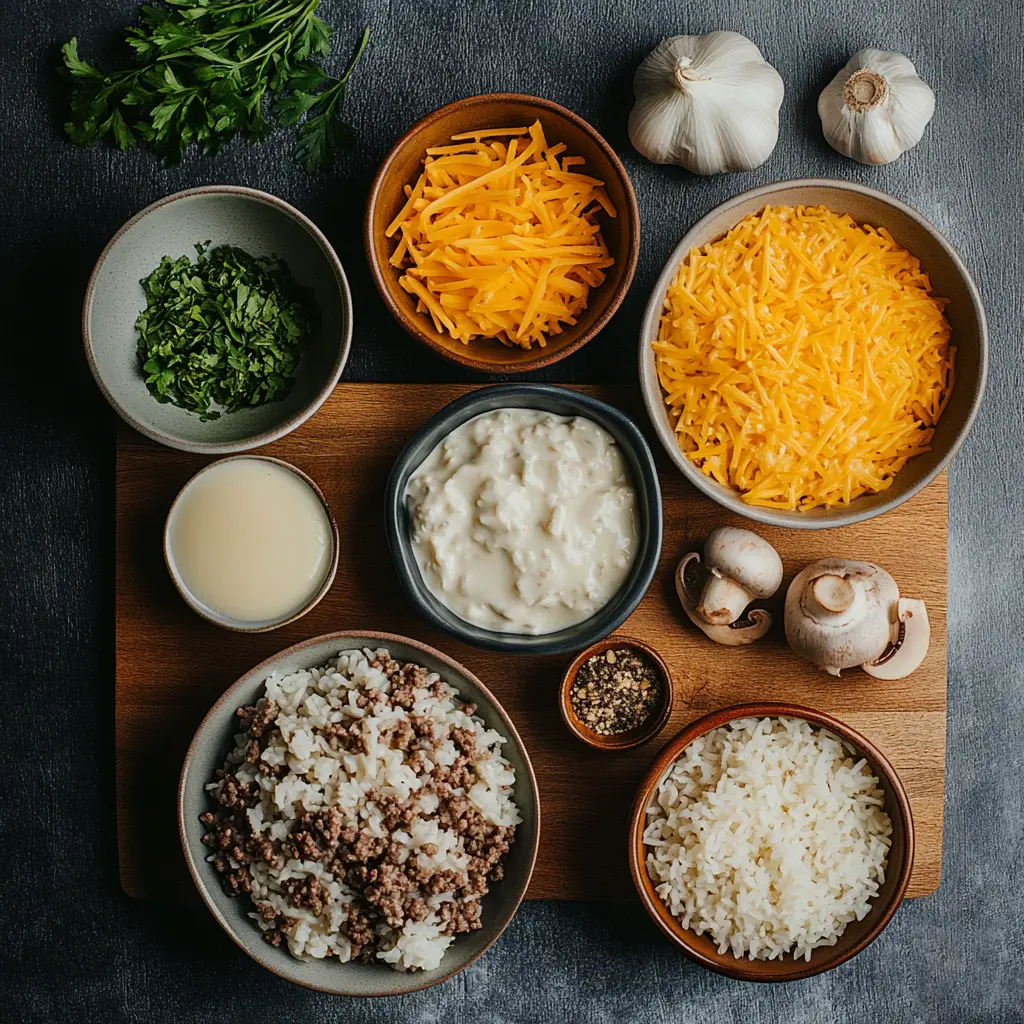Cheesy Hamburger Rice Casserole Recipe: Easy and Delicious 2 Cheesy Hamburger Rice Casserole Recipe ingredients shot - uncooked rice, cheddar cheese, beef in bowls