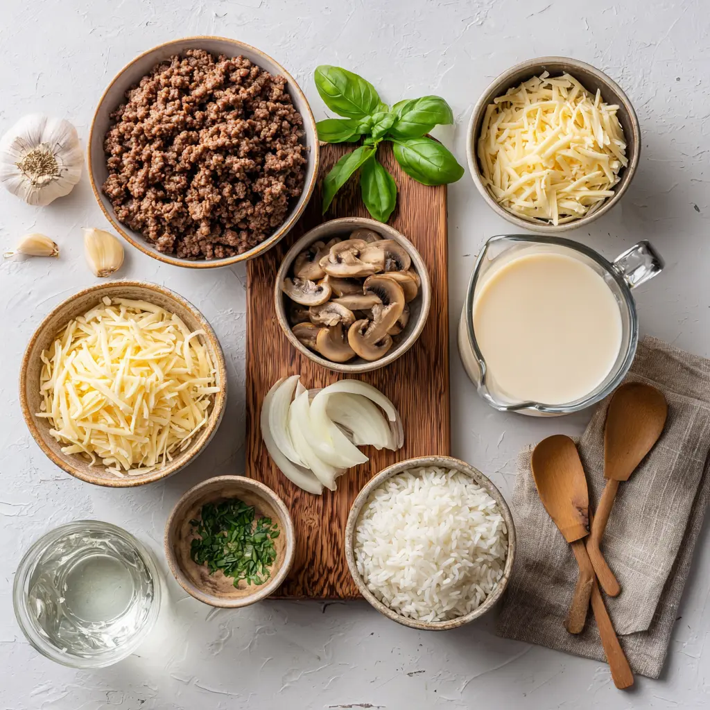Cheesy Hamburger Rice Casserole: Easy and Delicious Recipe 2 Ingredients laid out for cheesy hamburger rice casserole including ground beef, rice, cheddar cheese, broth, cream of mushroom soup, spices, and parsley