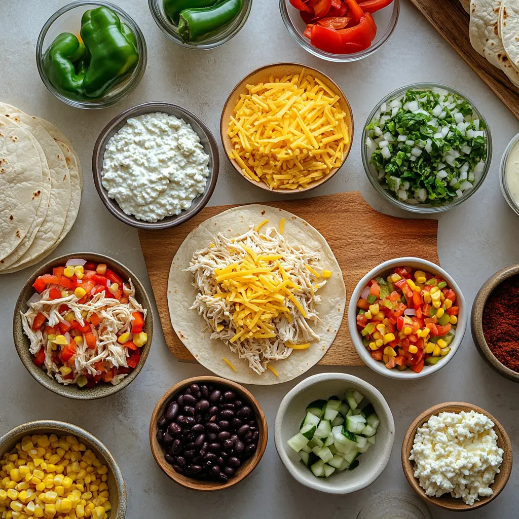 Cheesy Rotisserie Chicken Burritos Recipe Unveiled 2 Ingredients laid out for Cheesy Rotisserie Chicken Burritos including pulled chicken, frozen peppers, beans, and cheese sauce