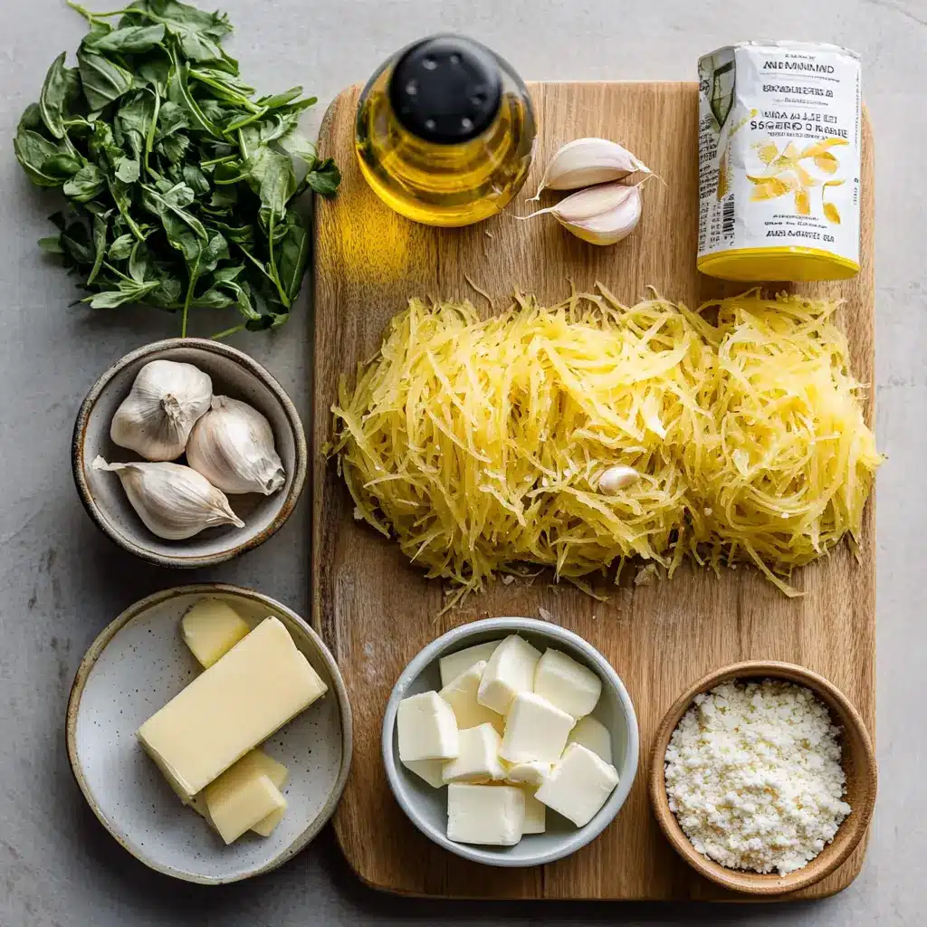 Chicken Alfredo Spaghetti Squash Recipe: Irresistibly Simple 2 Flat lay of ingredients for Chicken Alfredo Spaghetti Squash Recipe including squash, chicken, garlic, parmesan, and cream cheese
