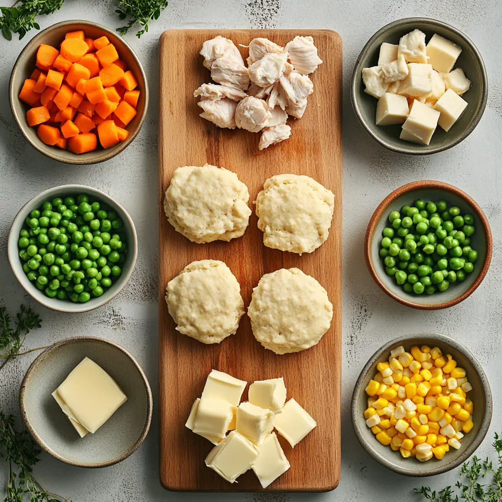 Ingredients for Chicken Cobbler with Red Lobster Biscuits, including biscuit mix, cooked chicken, veggies, and soup