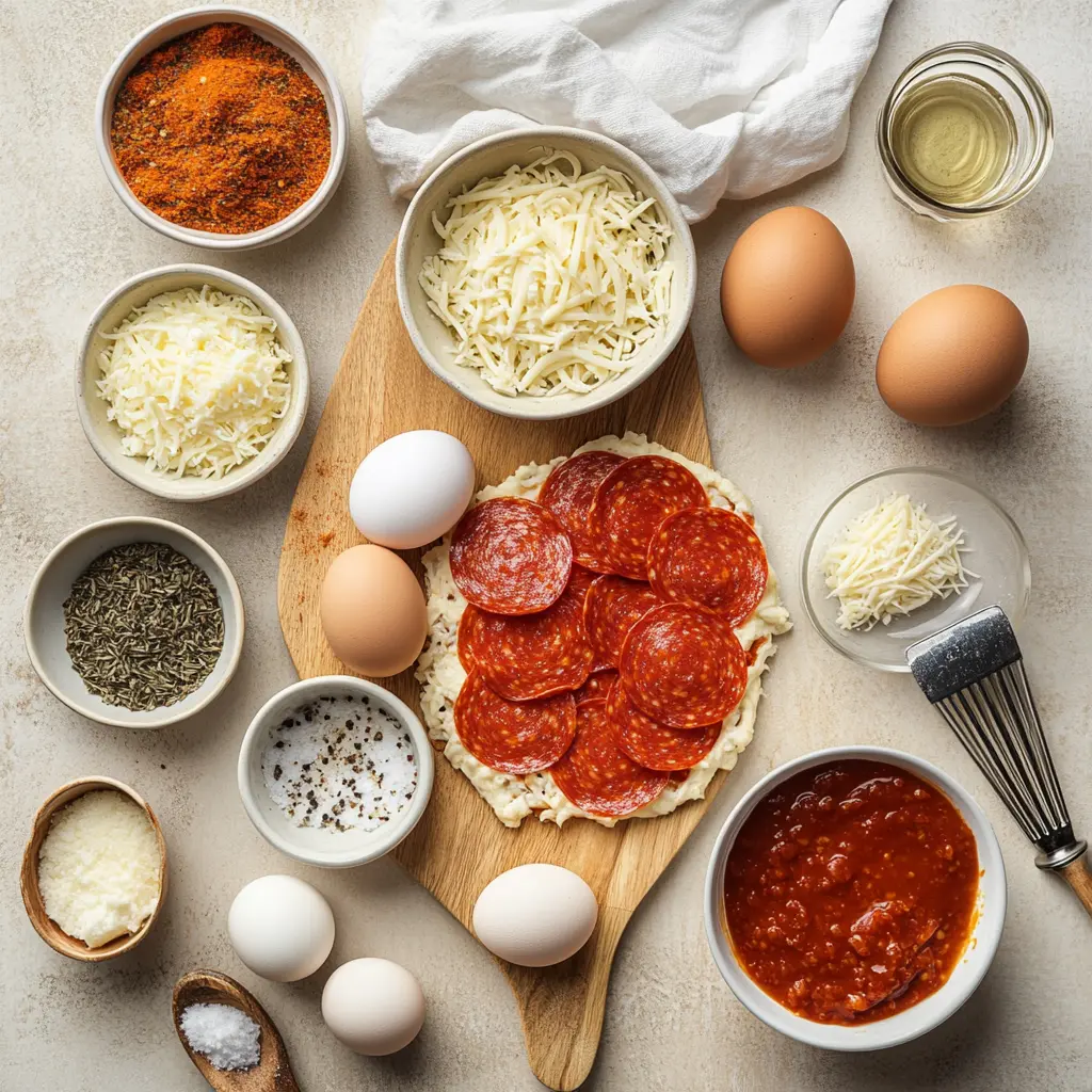 Ingredients laid out for Chicken Crust Pizza Easy Low Carb Recipe including ground chicken, cheese, pepperoni, and seasonings